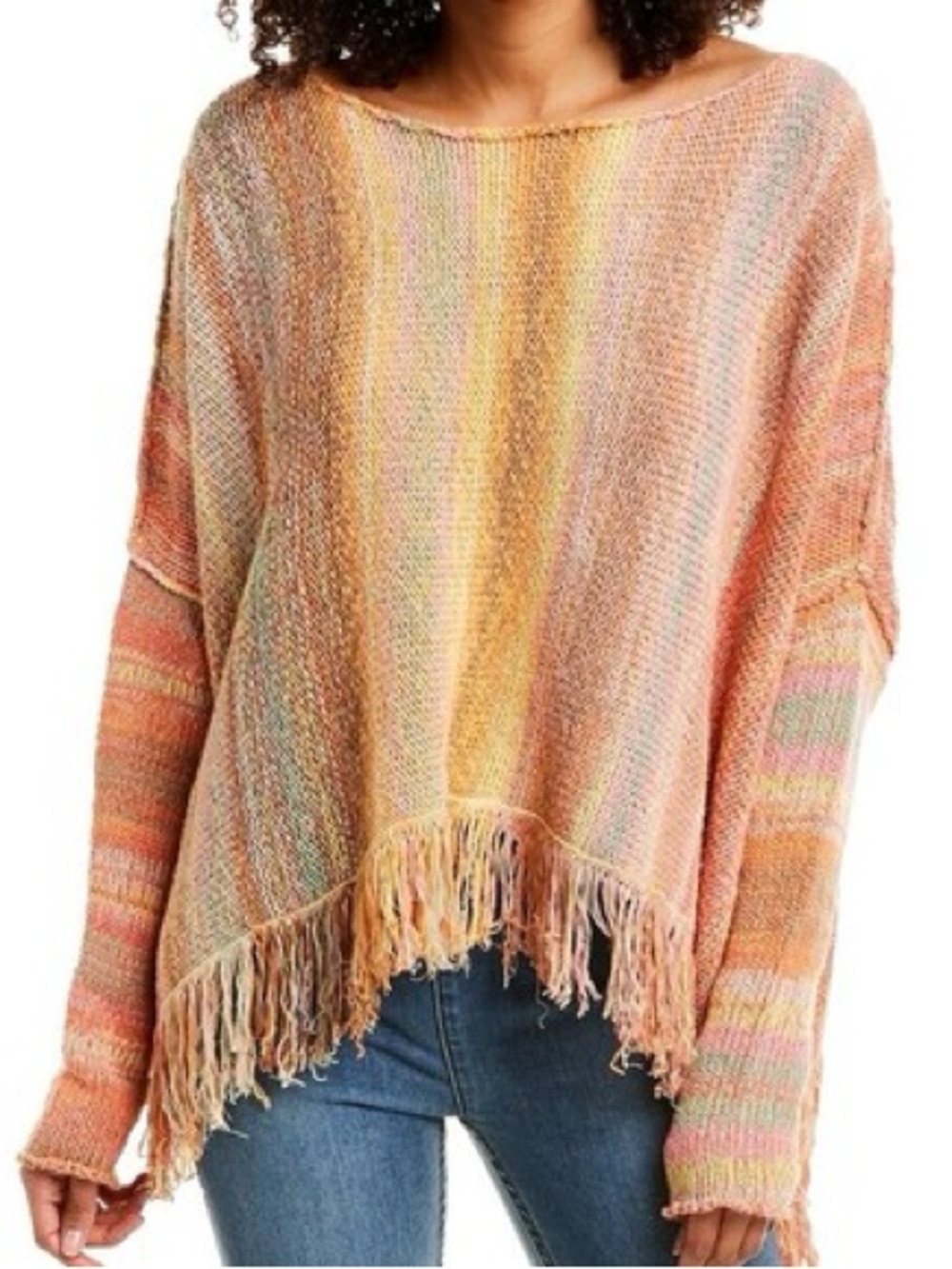 Free People Radiate Striped Pullover Fringe Colorful Sweater sz L